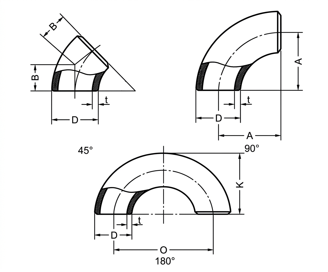 LeKe Piping buttweld elbows drawing with dimension labels
