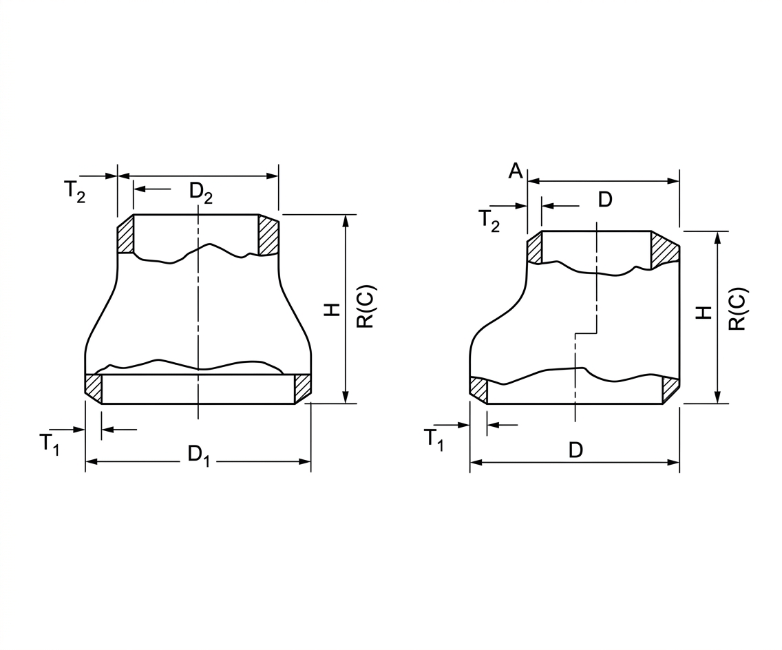 LeKe Piping buttweld reducers drawing with dimension labels