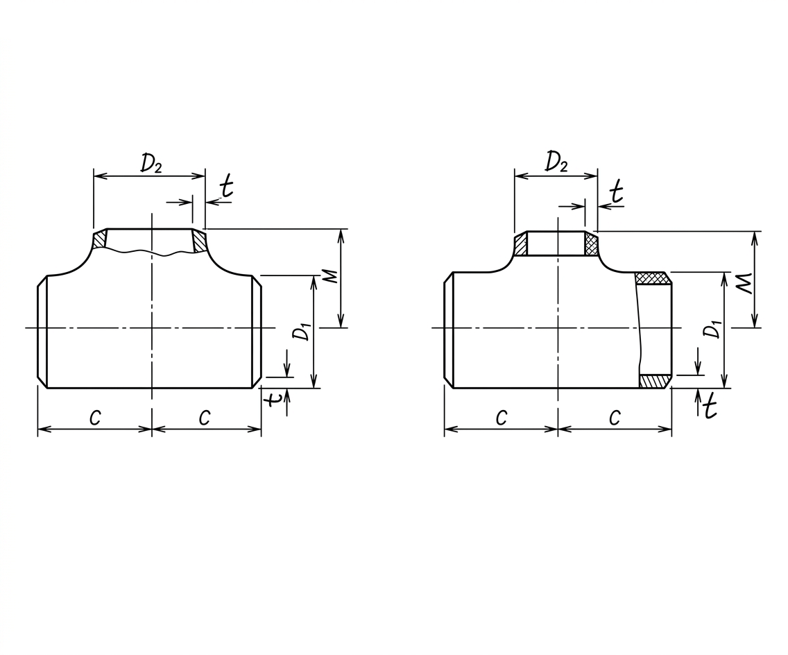 LeKe Piping buttweld tees drawing with dimension labels